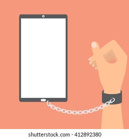 Human hand with chained with smart phone on orange background. Vector illustration technology of internet social addiction concept.