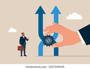 Human hand change gears to change management. Flat vector illustration