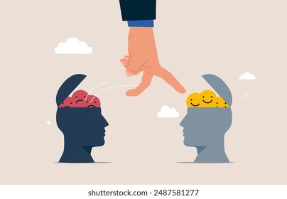 Human hand change their attitude from negative to positive. Modern vector illustration in flat style.