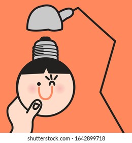 Human Hand Changing A Happy Cheerful Girl's Head Light Bulb Into Floor Lamp Concept Card Character illustration
