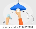 Human hand changing ordinary light bulb to power save LED lamp, vector illustration