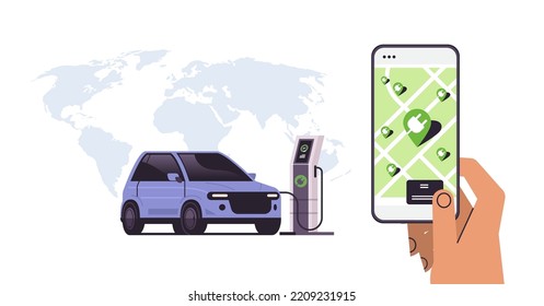 human hand charging electric car in mobile app battery vehicle at recharging power station charger EV management zero emission