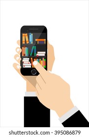 Human hand chooses e Books in the Internet books store in smartphone, digital library conceptual vector illustration.