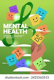 human hand choosing emotion on stickers mental health awareness month banner vertical