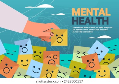 human hand choosing emotion on stickers mental health awareness month banner horizontal