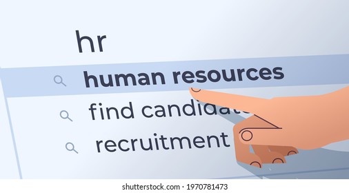 human hand choosing hr in search bar on virtual screen human resources recruitment hiring internet networking