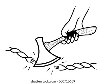 Human hand chops with an ax rope
