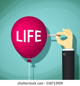 Human hand with a cigarette bursts a balloon with the word life. Danger of smoking. Stock Vector cartoon illustration.