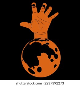 Human hand with clenched fingers and black nails in aggressive gesture emerging from a full moon. Halloween design. Creative concept. Black and orange silhouette.