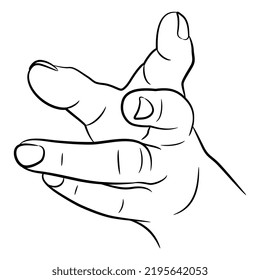 Human hand with clenched fingers. Reaching forward gesture. Empty palm. Front view. Black and white linear silhouette. Cartoon style. Isolated vector illustration. 