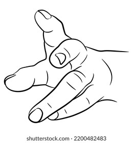 Human Hand With Clenched Fingers. Reaching Forward Gesture. Empty Palm. Front View. Black And White Linear Silhouette. Cartoon Style. Isolated Vector Illustration. 