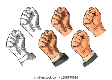 Human hand with a clenched fist. Vector color vintage engraved illustration isolated on a white background. Hand sign for web, poster, info graphic