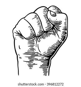 Human hand with a clenched fist. Vector black vintage engraved illustration isolated on a white background. Sign for web, poster, info graphic