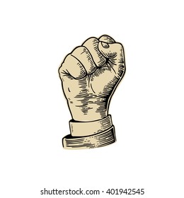 Human hand with a clenched fist. Vector black vintage engraved illustration isolated on a white background. Sign for web, poster, info graphic