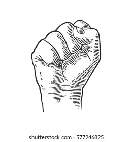 Human hand with a clenched fist. Vector black vintage engraved illustration isolated on white background. Hand sign for web, poster, info graphic