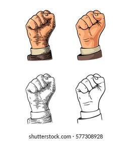 Human hand with a clenched fist. Vector color and black vintage engraved and flat illustration isolated on a white background. Hand sign for web, poster, info graphic