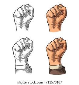 Human hand with a clenched fist. Vector color vintage engraved illustration isolated on a white background. Hand sign for web, poster, info graphic