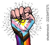 A human hand clenched into a fist. LGBT flag. Flag of progress pride. LGBTQIA + symbols. Rainbow flag. An international symbol of the lesbian, gay, bisexual and transgender community