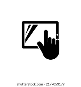 Pulso de mano humano en la tableta de pantalla táctil. Icono de vector plano. Sencillo símbolo negro sobre fondo blanco. Plantilla de diseño de signo de Tablet PC con pulsación sobre pantalla táctil para elementos de interfaz de usuario web y móvil.