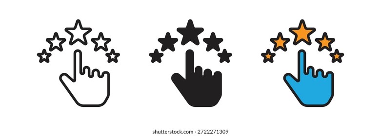 La mano humana hace clic en cinco estrellas, simbolizando la participación del usuario, la interacción de calificación y la experiencia de Cliente de alta calidad en plataformas digitales.