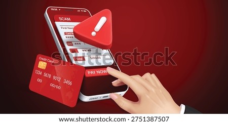 Human hand clicking pay now button on smartphone with fake banking interface and credit card, concept of online financial fraud, phishing scam, cyber crime attack and digital payment risk.