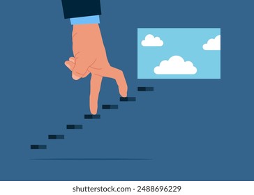 Human hand climbing ladder to the door with blue sky, freedom and success concept. Flat modern vector illustration.