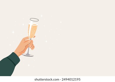 Human Hand - Clink Glasses of Sparkling Wine, Holding Wine Glasses. Character Celebrating Holidays. Party Concept. Flat Cartoon Vector Illustration