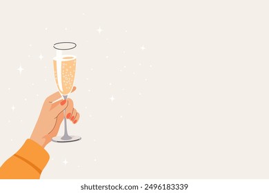 Human Hand - Clink Glasses of Sparkling Wine, Holding Wine Glasses. Character Celebrating Holidays. Party Concept. Flat Cartoon Vector Illustration