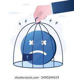 Human hand closes a bad mood and negative emotions in cage. Positive thinking, good mood helps to live and work. Negative emoji in birdcage. Mental health, psychology of success. vector illustration