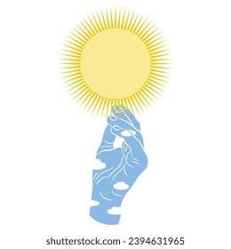 Menschliche Hand als bewölkter blauer Himmel, der leuchtende Sonne hält. Sonnentag-Symbol für Anthropomorphie. Einzige Vektorgrafik.