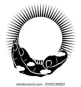 Human hand as cloudy sky holding the shining sun. Black and white silhouette. Creative design.