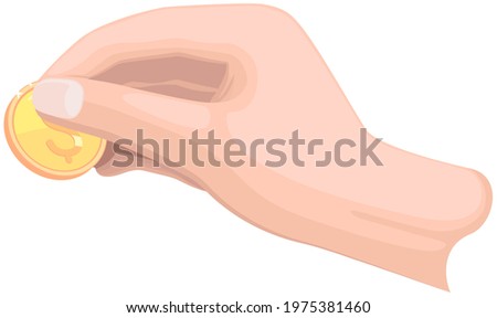 Human hand with coin isolated on white background. Money donation, charity, investment. Profit, income, salary increase. Hand holding gold dollar penny. Person with gold cent between fingers
