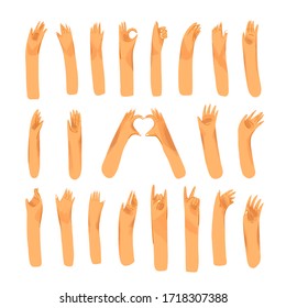 Human hand with collection of signs and hand gestures - ok, love, greetings, peace, waving hands. Man and woman palm hands set