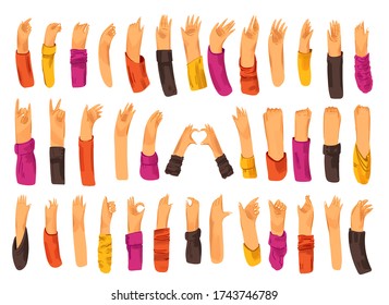 Human hand with collection of signs and hand gestures - ok, love, greetings, waving hands, phone and app control with fingers. Man and woman hands set.