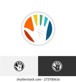 Human hand in a colorful round shape logo template