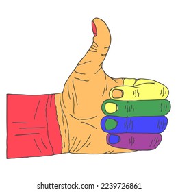 A human hand in the colors of the LGBT community. Hand Drawn. Freehand drawing. Doodle. Sketch. Outline.	