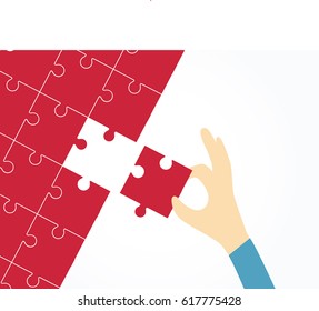 Human hand completing whole puzzle with last piece. Vector illustration for business design and infographic.