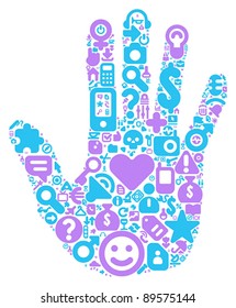 Human hand concept. Made of 100 vector icons set in blue and violet colors.