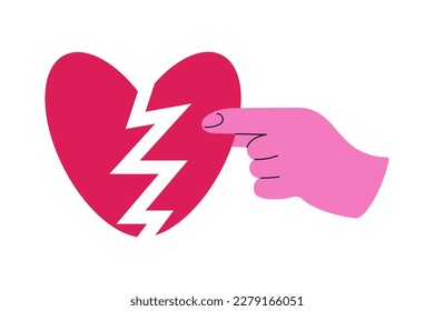 La mano humana conecta las mitades del corazón roto. Concepto de reconciliación. El corazón rojizo roto. Restablecer el amor. Corazón roto, recuperación. Ilustración del vector