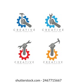 Human hand Construction tools, mechanic or plumber worker with screw key in arm. Car repair, auto service, plumbing and construction industry design with work tool and man fist symbol icon 