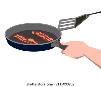 Die menschliche Hand kocht. Zwei Scheiben Speck werden in einer Bratpfanne gebraten. Köstliches und gebratenes Essen. Fleisch. Vektorflache Illustration.