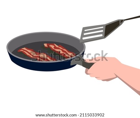The human hand is cooking. Two slices of bacon are fried in a frying pan. Delicious and fried food. Meat. Vector flat illustration.