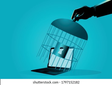 Human hand covering a laptop with bird cage, computer security concept, vector illustration