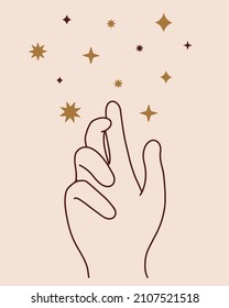 The human hand creates stars and planets. Vector icon symbol of astrology, astronomy, alchemy, space. Boho sign, magical concept for decoration, cosmetics design, beauty salon, jewelry store, web