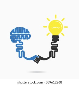 Human Hand And Creative Brain Connection.Idea And Knowledge Transfer Concept.Business And Industrial Education Idea Concept. Vector Illustration 