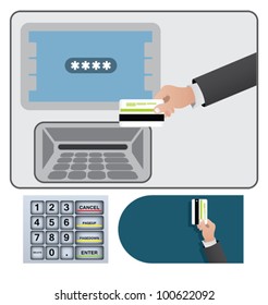 Human hand with a credit card. Activation of a credit card through an ATM