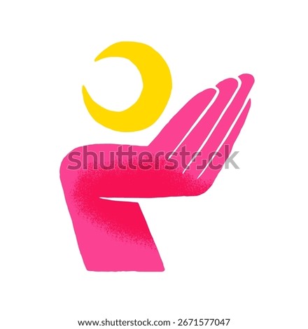 Human hand with crescent of dream, though or idea. Abstract person holds moon of aims, goals and success. Sign of luna in doodle style. Flat isolated drawn vector illustration on white background
