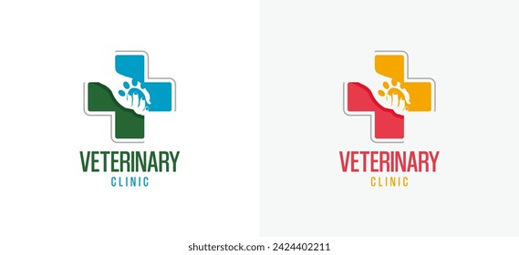 Logo de la cruz de la mano humana con la mascota, logotipo de la clínica veterinaria