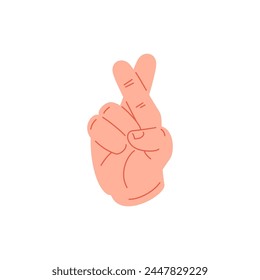 Human hand with crossed two fingers luck and promise concept icon vector flat illustration. Male cartoon arm showing false hope dishonest superstition belief cheating fraud gesture communication