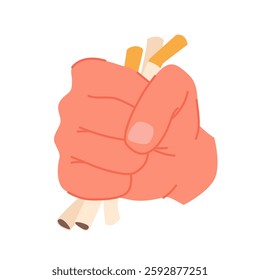Human hand crushing bundle of cigarettes in fist, quit smoking campaign. Male palm clutching cigarettes to break and destroy bad health habit, ban and avoid addiction cartoon vector illustration